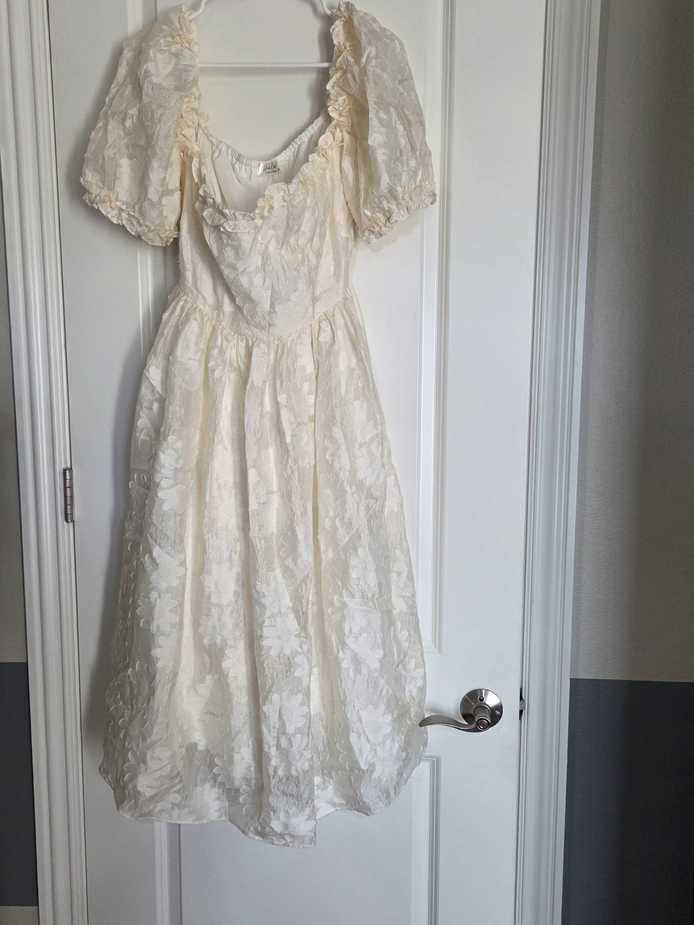 Ivory Floral Midi Dress with Puff Sleeves